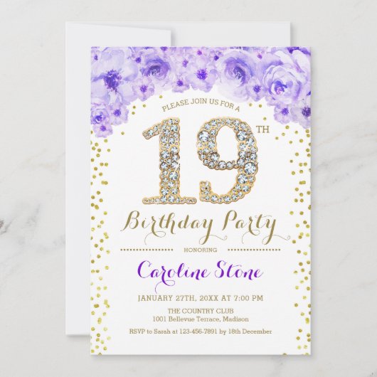 Invitation 19e fête d'anniversaire - Blanc Gold violet (Devant)