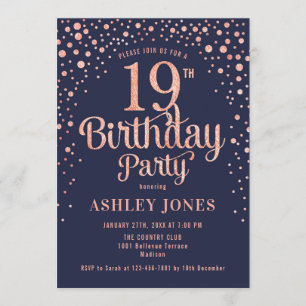 Invitation 19e fête d'anniversaire - Marine & Rose Gold