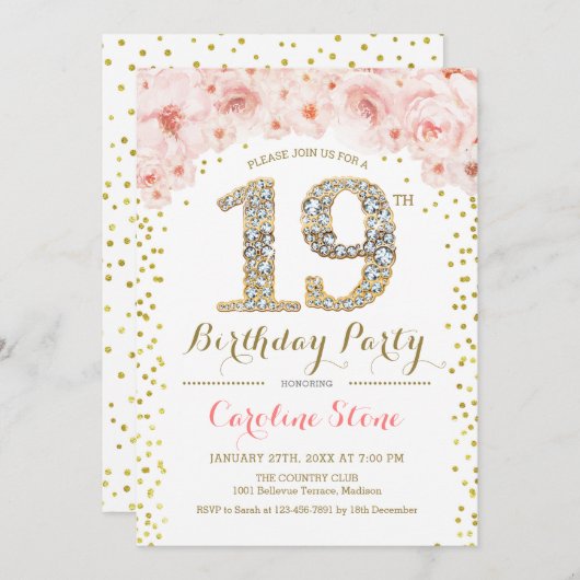 Invitation 19e fête d'anniversaire - Rose or blanc (Devant / Derrière)