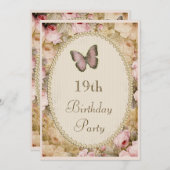 Invitation 19ème Roses vintages papillon, notes (Devant / Derrière)