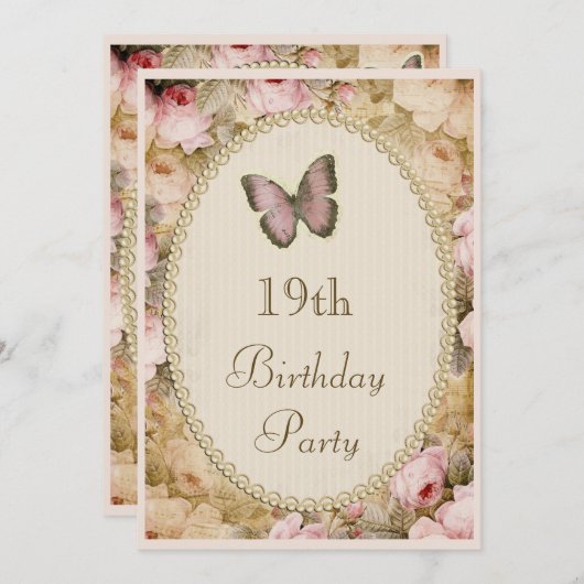 Invitation 19ème Roses vintages papillon, notes (Devant / Derrière)