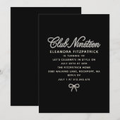 Invitation 19th Birthday Black White Pearl Script Bow (Devant / Derrière)