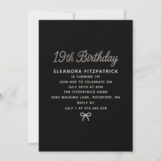 Invitation 19th Birthday Party Black White Pearl Script Bow (Devant)