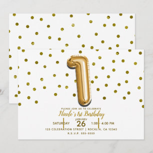 Invitation 1 Ballon Doré et Confettis Fête d'anniversaire 1 a