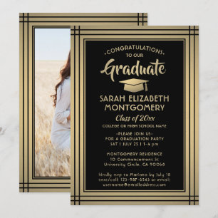 Invitation 1 Photo Black and Gold Faux Foil Graduation modern
