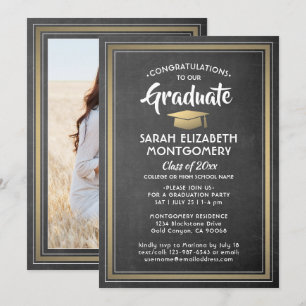Invitation 1 Photo Elegant Black Chalkboard & Gold Graduation
