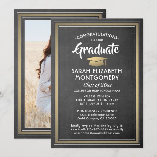 Invitation 1 Photo Elegant Black Chalkboard & Gold Graduation (Devant / Derrière)