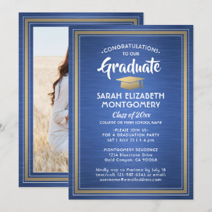 Invitation 1 Photo Elegant Blue Gold et White Graduation