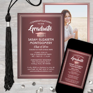 Invitation 1 Photo Elegant Burgundy et Pink Ombre Graduation