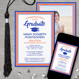 Invitation 1 Photo Elegant Félicitations Orange & Blue Gradua