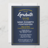 Invitation 1 Photo Elegant Marine Bleu Or Jaune Graduation (Devant)