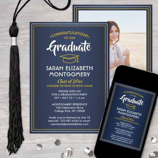 Invitation 1 Photo Elegant Marine Bleu Or Jaune Graduation