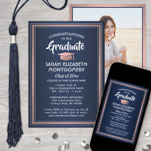Invitation 1 Photo Elegant Navy et Rose Rose Gold Graduation