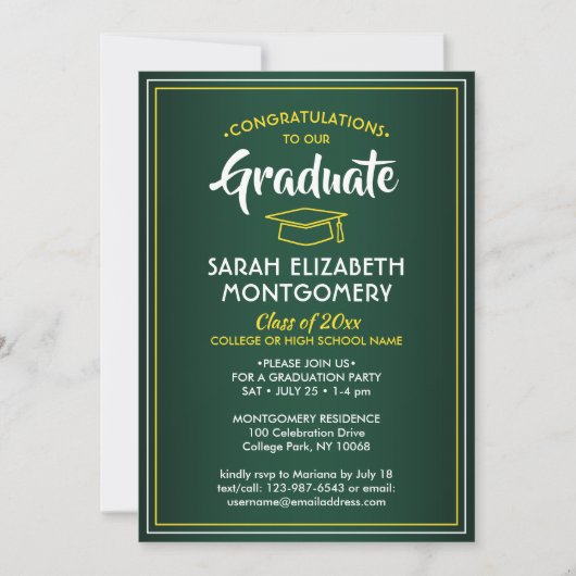 Invitation 1 Photo Elegant Vert Or Jaune Blanc Graduation (Devant)