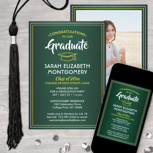 Invitation 1 Photo Elegant Vert Or Jaune Blanc Graduation