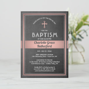 Invitation 1 Photo Girl Baptism Chalkboard et Rose Rose Gold