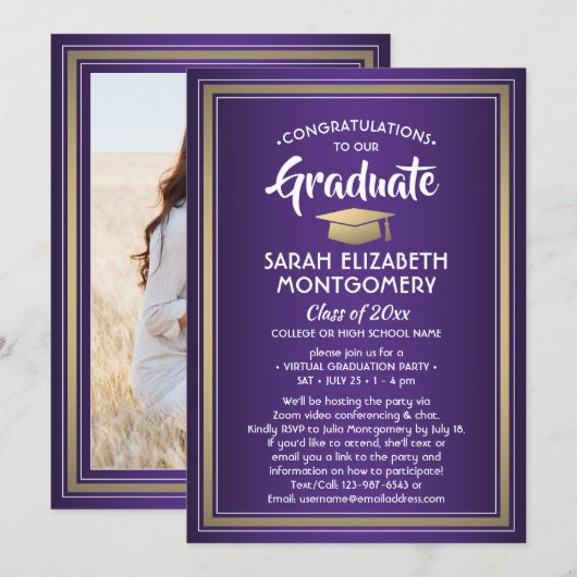 Invitation 1 Photo Virtual Graduation Party Purple Gold White (Devant / Derrière)