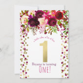 Invitation 1er 1 fête d'anniversaire Gold Bourgogne Bold Flor (Devant)