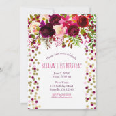 Invitation 1er 1 fête d'anniversaire Gold Bourgogne Bold Flor (Dos)