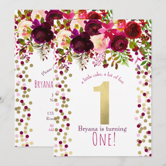 Invitation 1er 1 fête d'anniversaire Gold Bourgogne Bold Flor (Devant / Derrière)