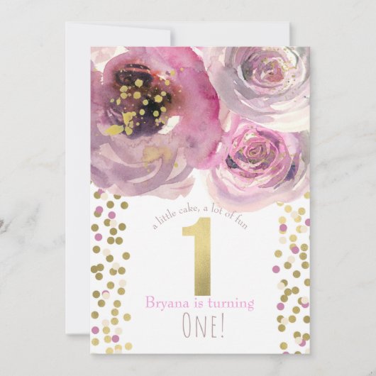 Invitation 1er 1 fête d'anniversaire rose & or moderne Floral (Devant)
