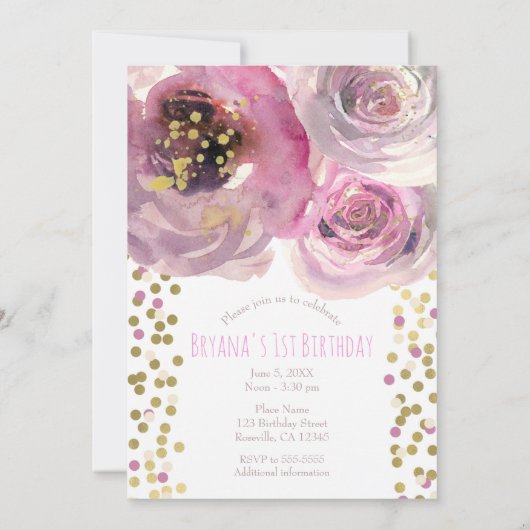 Invitation 1er 1 fête d'anniversaire rose & or moderne Floral (Dos)