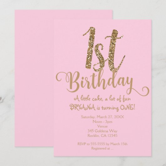 Invitation 1ER ANNIVERSAIRE 1 Pink & Gold Party One Invitatio (Devant / Derrière)