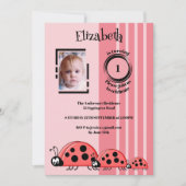 Invitation 1er anniversaire ajouter photo ladybugs rouge rose (Devant)