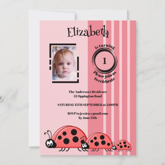 Invitation 1er anniversaire ajouter photo ladybugs rouge rose (Devant)