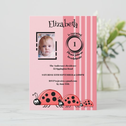 Invitation 1er anniversaire ajouter photo ladybugs rouge rose (Debout devant)