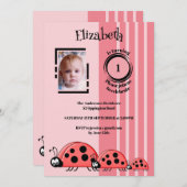 Invitation 1er anniversaire ajouter photo ladybugs rouge rose (Devant / Derrière)