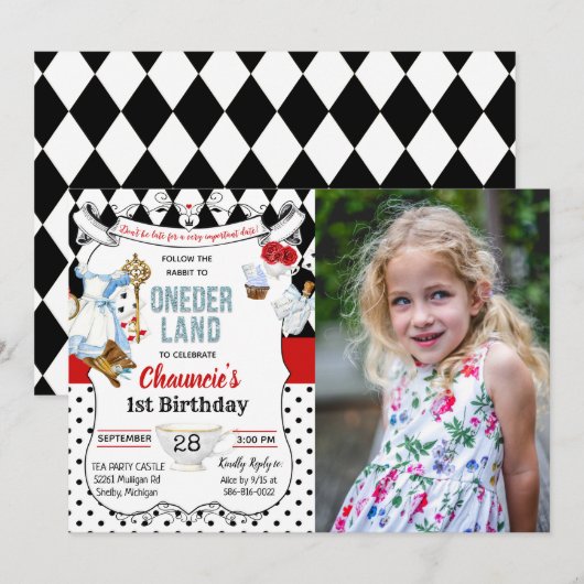 Invitation 1er Anniversaire Alice au pays des merveilles Invi (Devant / Derrière)
