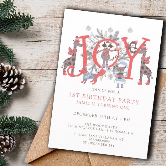 Invitation 1er anniversaire Animaux de la fête d'hiver pour e