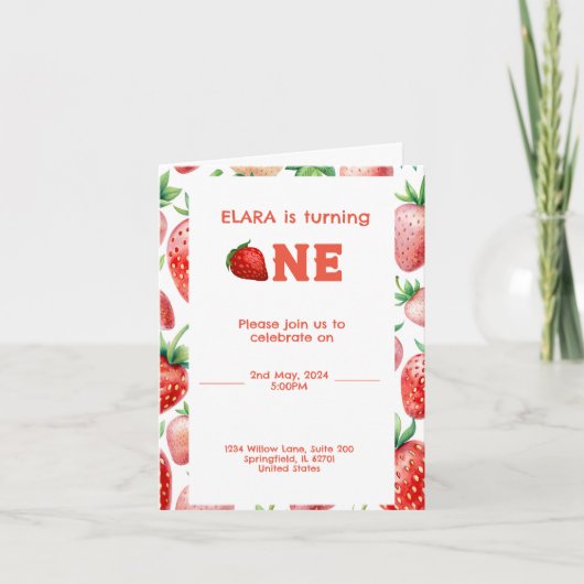 Invitation 1er anniversaire avec cadre de fraise motif (Devant)