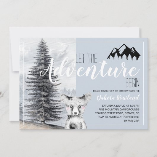 Invitation 1er Anniversaire Aventure Attend Ours Boisé (Devant)