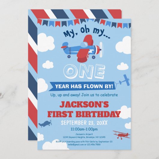 Invitation 1er Anniversaire Avion Un an a soufflé Sky Cloud (Devant / Derrière)