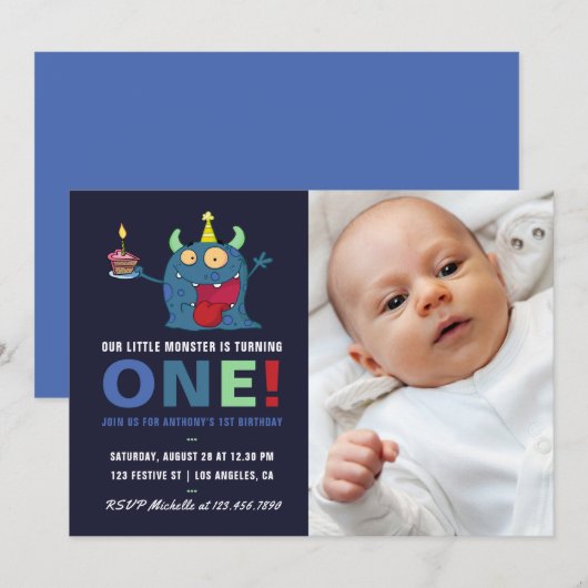 Invitation 1er anniversaire Baby Boy Little Monster Invitatio (Devant / Derrière)