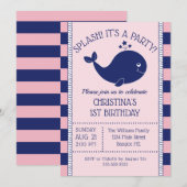 Invitation 1er Anniversaire Baleine Bleue Nautique Bleue Rose (Devant / Derrière)