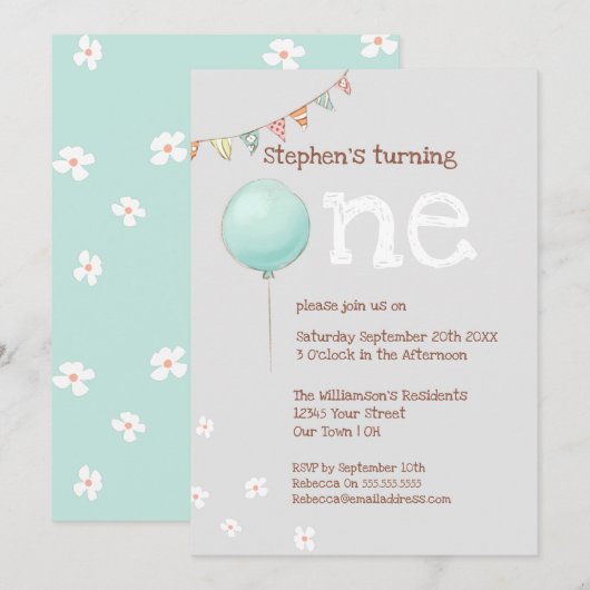 Invitation 1er anniversaire Ballon & Drapeaux (Devant / Derrière)