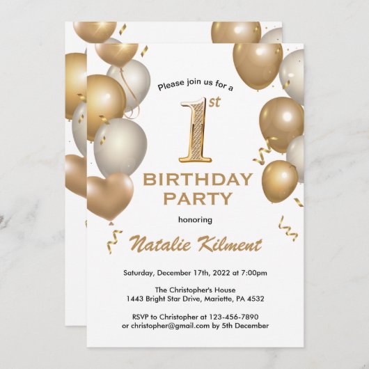 Invitation 1er Anniversaire Ballons à Parties scintillant bla (Devant / Derrière)