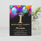 Invitation 1er Anniversaire Ballons noirs et dorés (Debout devant)