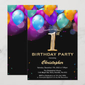 Invitation 1er Anniversaire Ballons noirs et dorés (Devant / Derrière)