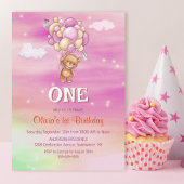 Invitation 1er Anniversaire Ballons roses Ours Teddy