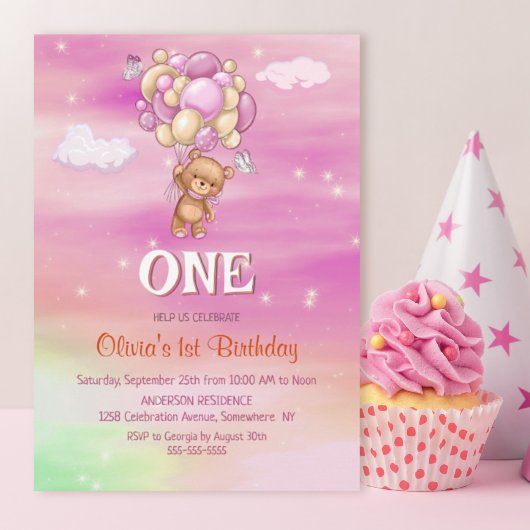 Invitation 1er Anniversaire Ballons roses Ours Teddy