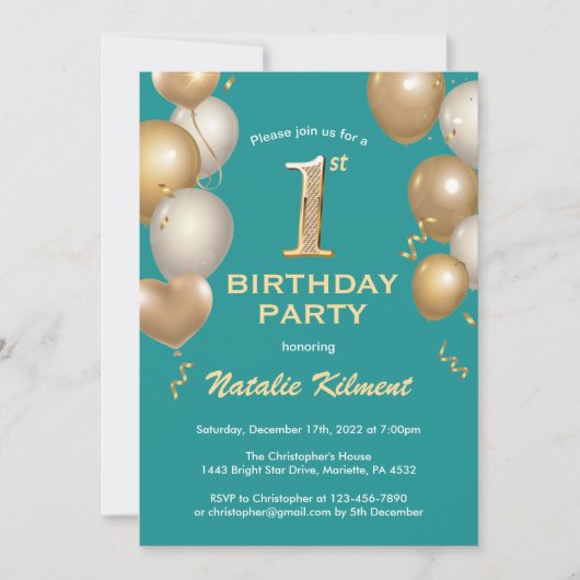 Invitation 1er Anniversaire Ballons Turquoise et Parties scin (Devant)