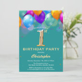 Invitation 1er Anniversaire Ballons Turquoises et dorés (Debout devant)
