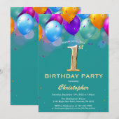 Invitation 1er Anniversaire Ballons Turquoises et dorés (Devant / Derrière)
