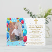 Invitation 1er Anniversaire Baptême Bleu Or Texte Photo Ballo (Debout devant)