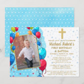 Invitation 1er Anniversaire Baptême Bleu Or Texte Photo Ballo (Devant / Derrière)