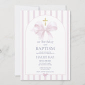 Invitation 1er Anniversaire & Baptême, Bow Rose & Stripe (Devant)